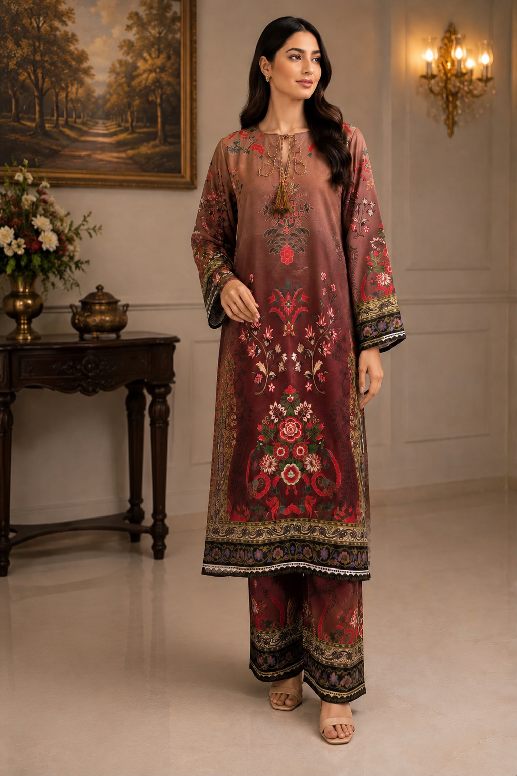 Maroon Floral Print Long Shirt 2PC Suit