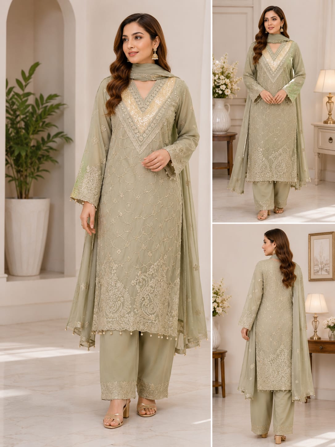 Sage Grace Embroidered 3-Piece Suit