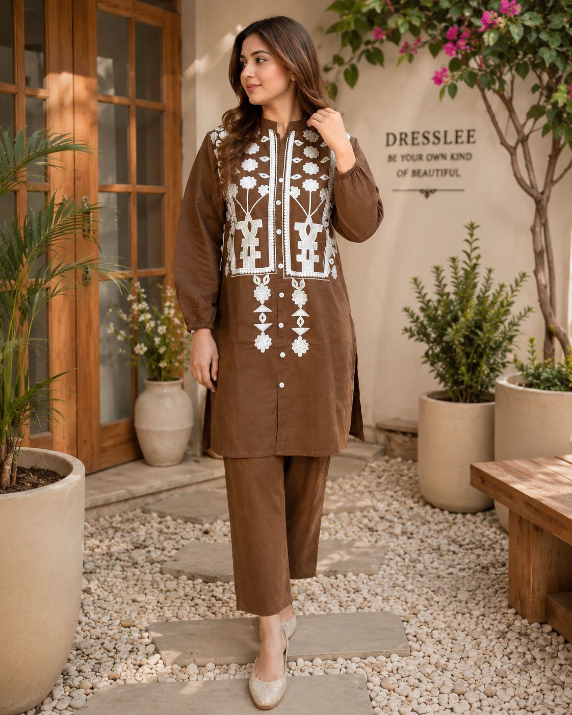 Emerald Elegance Embroidered Cotton 2-Piece Suit