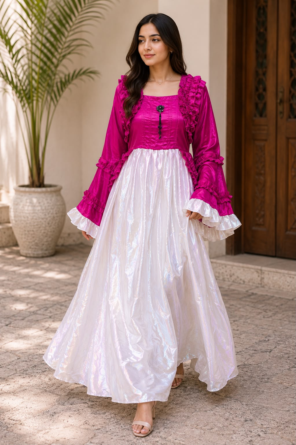 Royal Ruffle Satin Maxi Dress – Elegant Party Wear