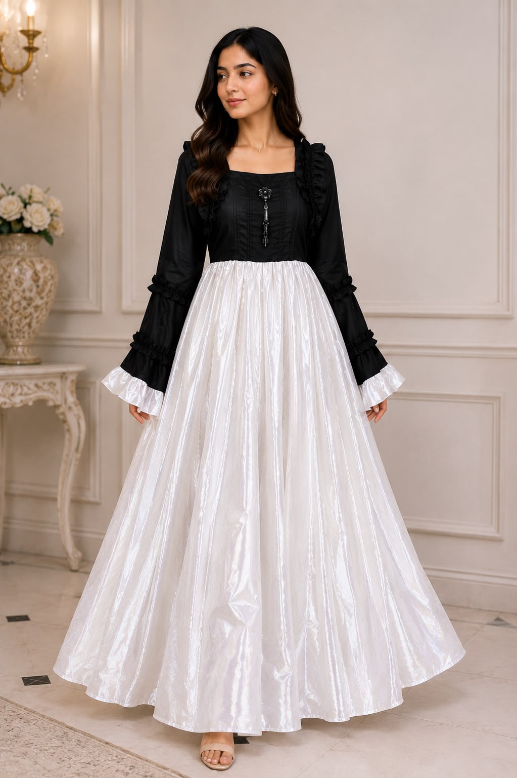 Royal Ruffle Satin Maxi Dress – Elegant Party Wear