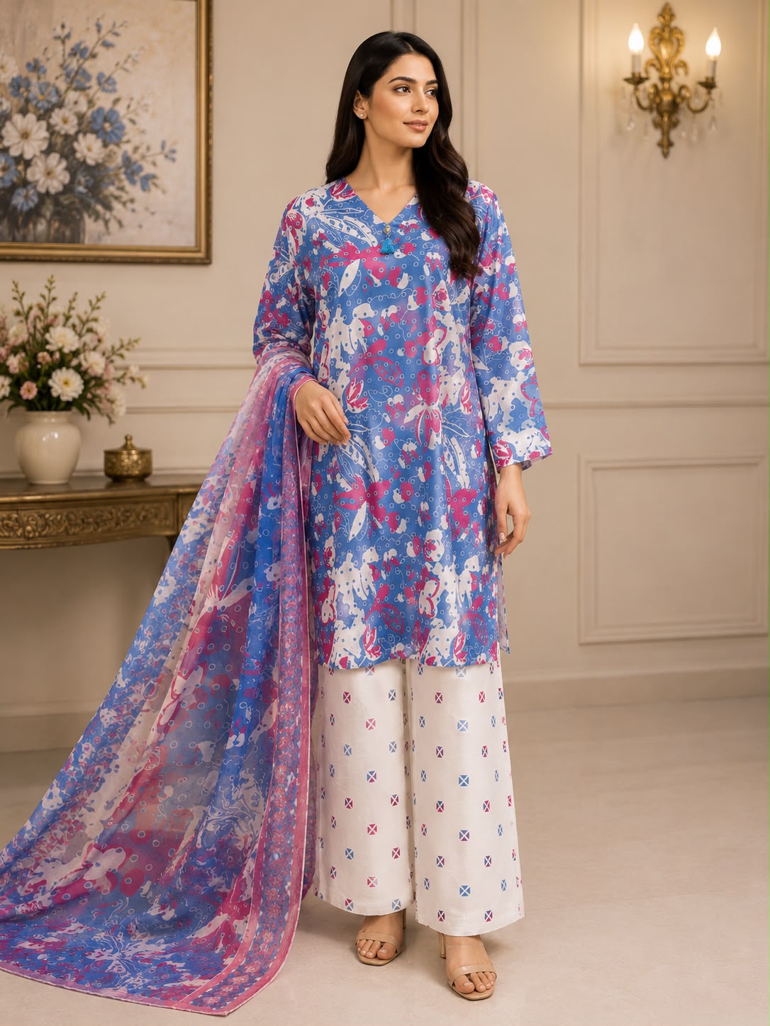 Blush Blue Floral Printed 3-Piece Suit
