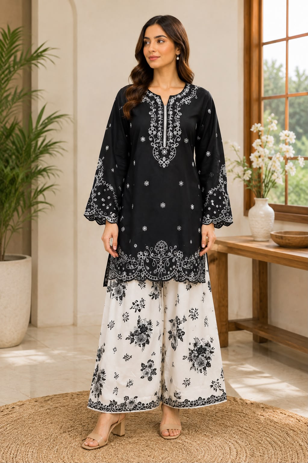Navy Blue & Black Embroidered 2-Piece Suit with Farshi Shalwar