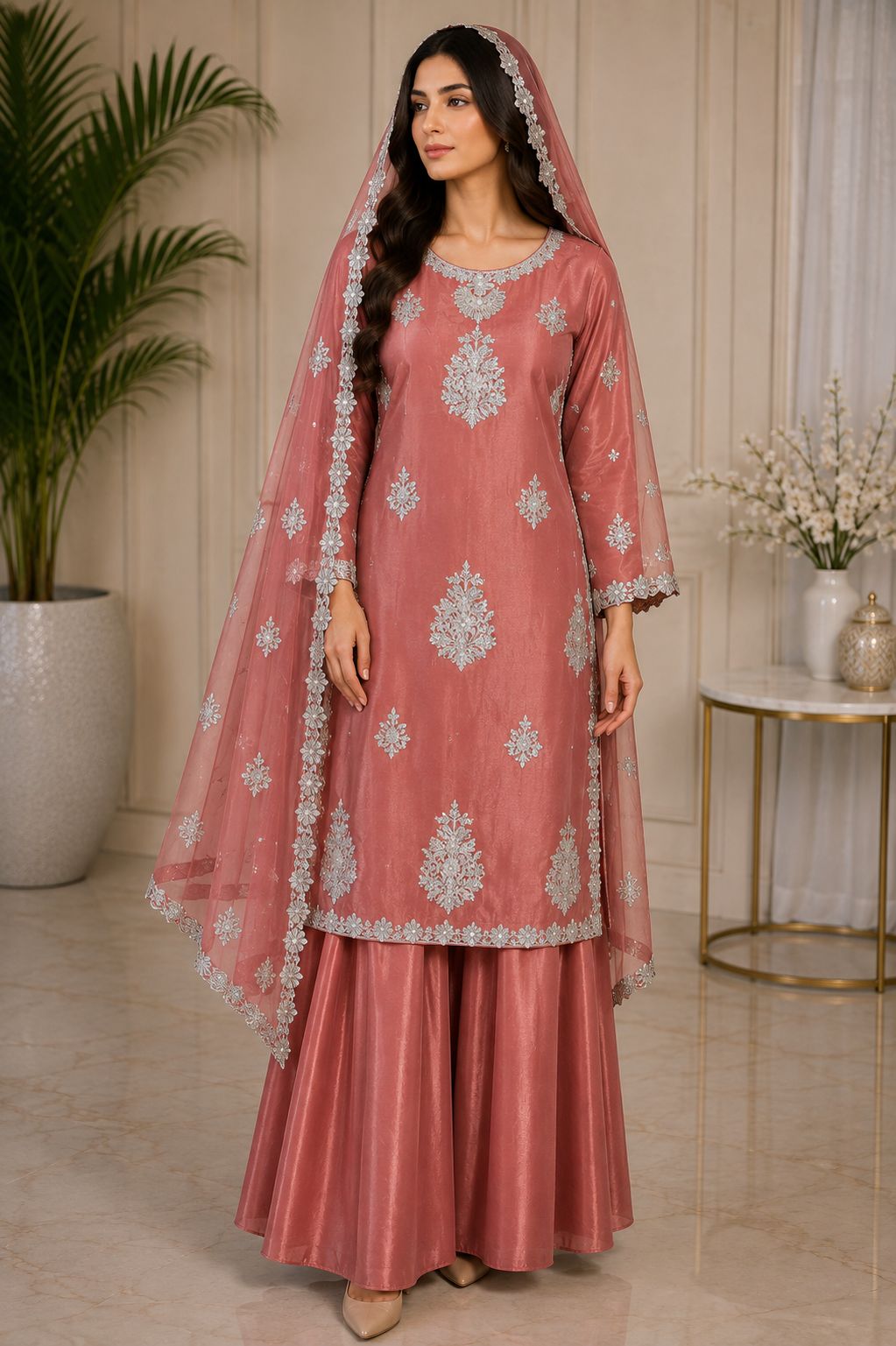 Luxury Embroidered 3-Piece Suit with Silver Detailing