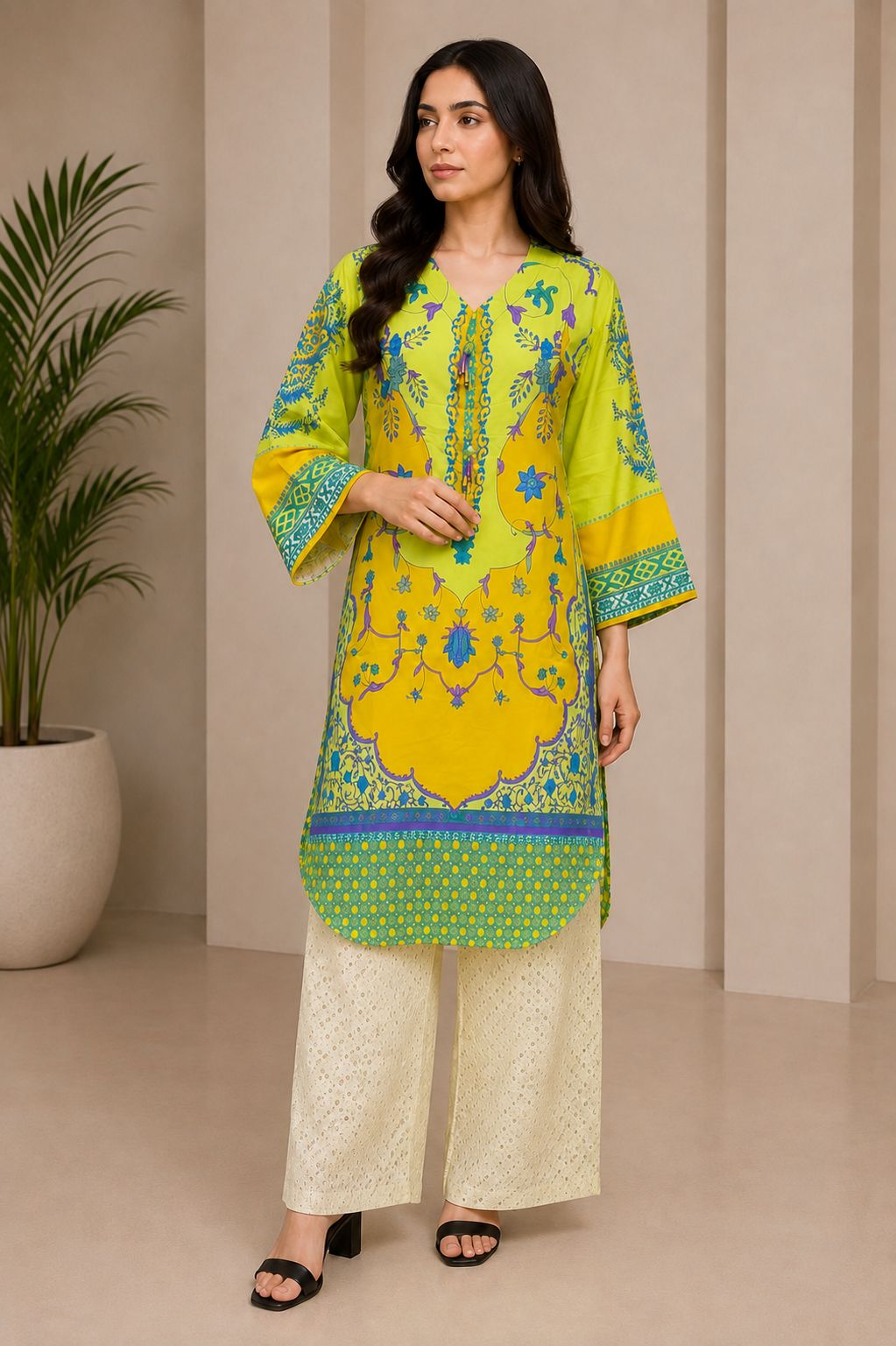 Lime Bloom 2-Piece Stitched Kurti & Trouser Set)
