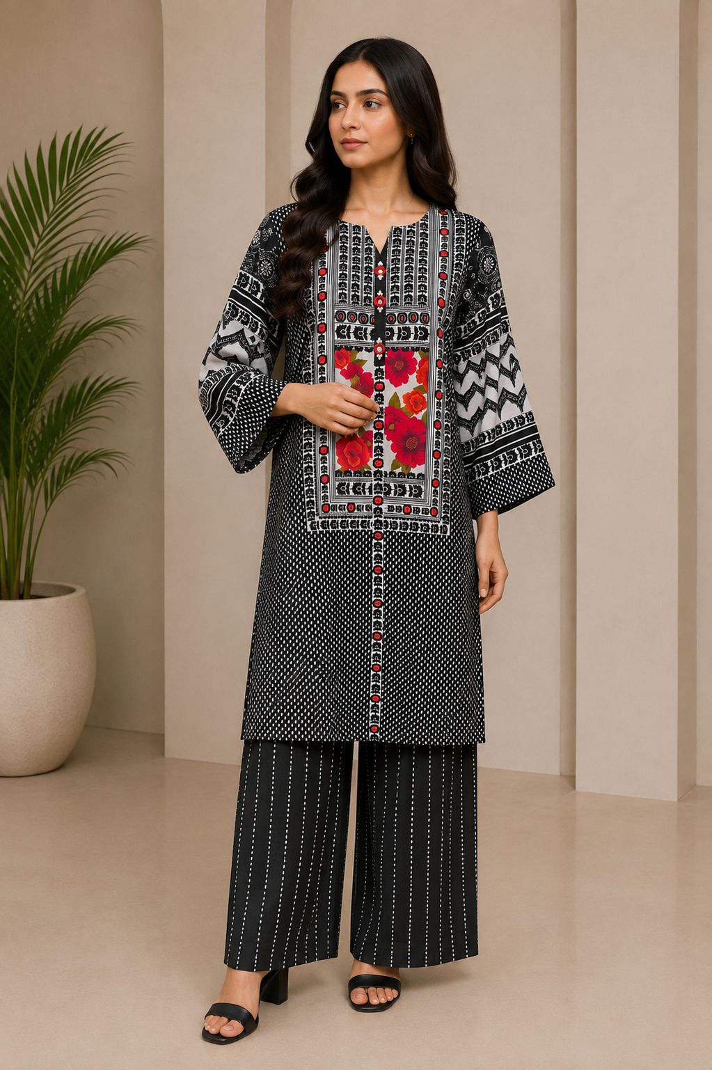 Monochrome Bloom 2-Piece Printed Kurti & Trouser Set)