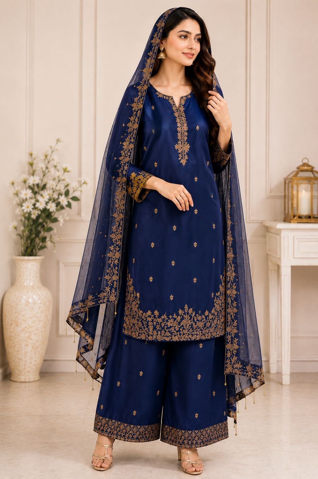 Luxury Sheesha Silk Embroidered 3-Piece Farshi Shalwar Suit