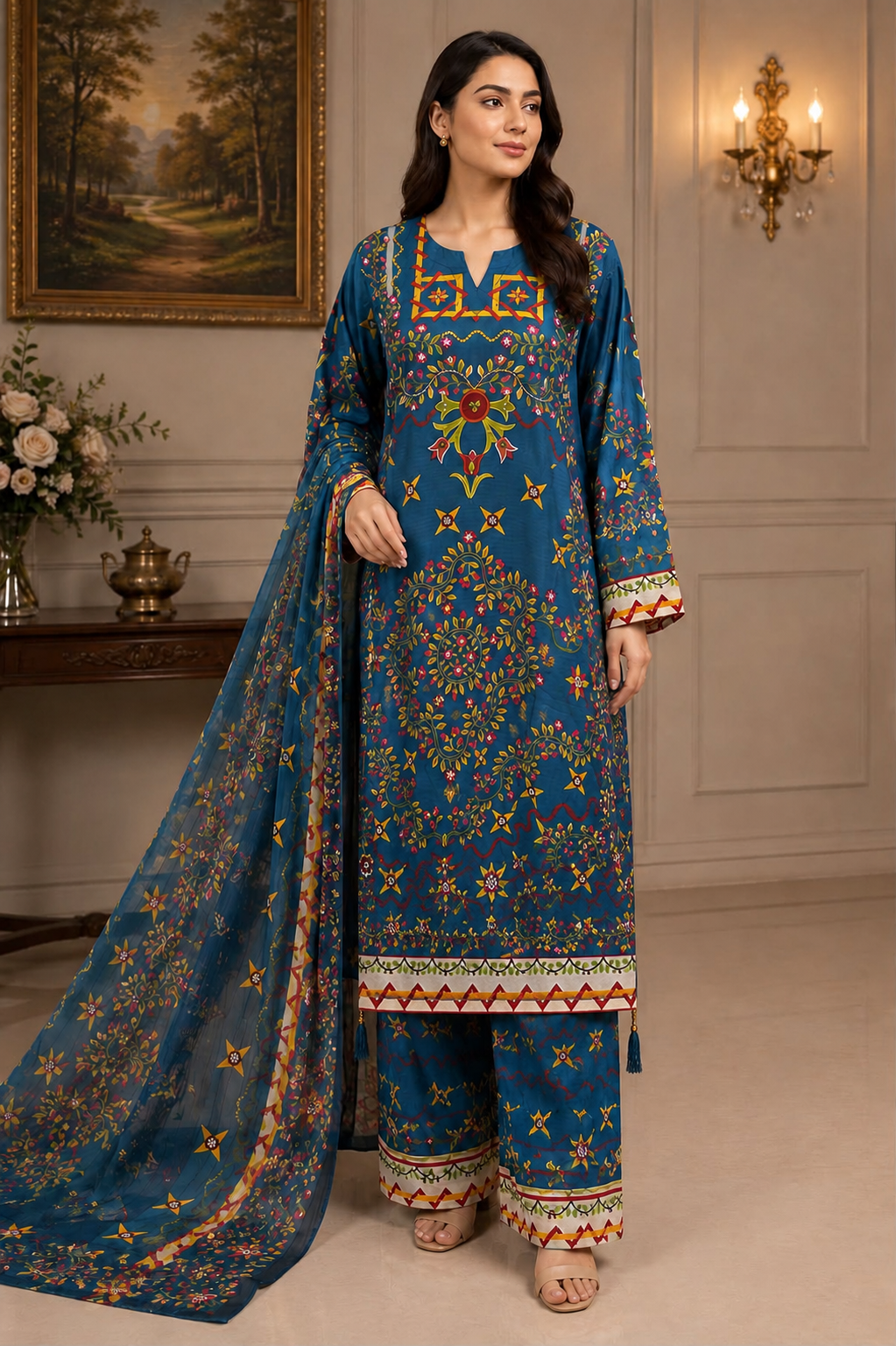 Teal Blue Floral Printed 3-Piece Suit with Matching Dupatta