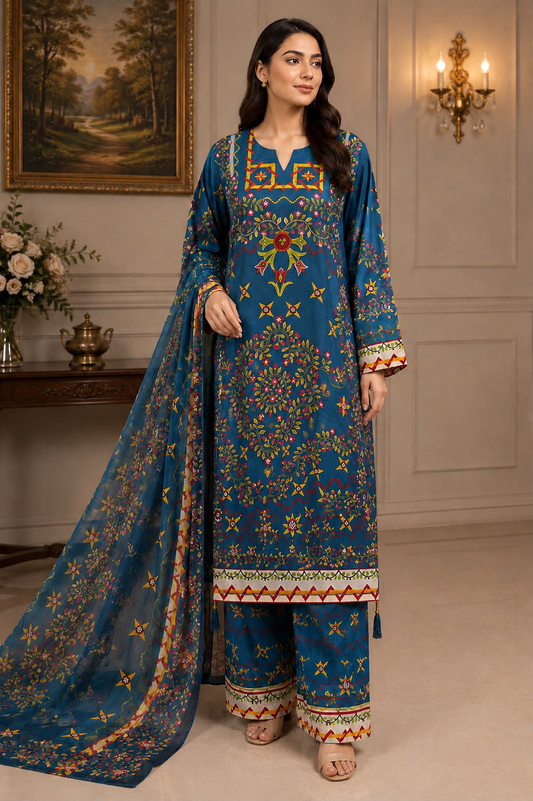 Teal Blue Floral Printed 3-Piece Suit with Matching Dupatta