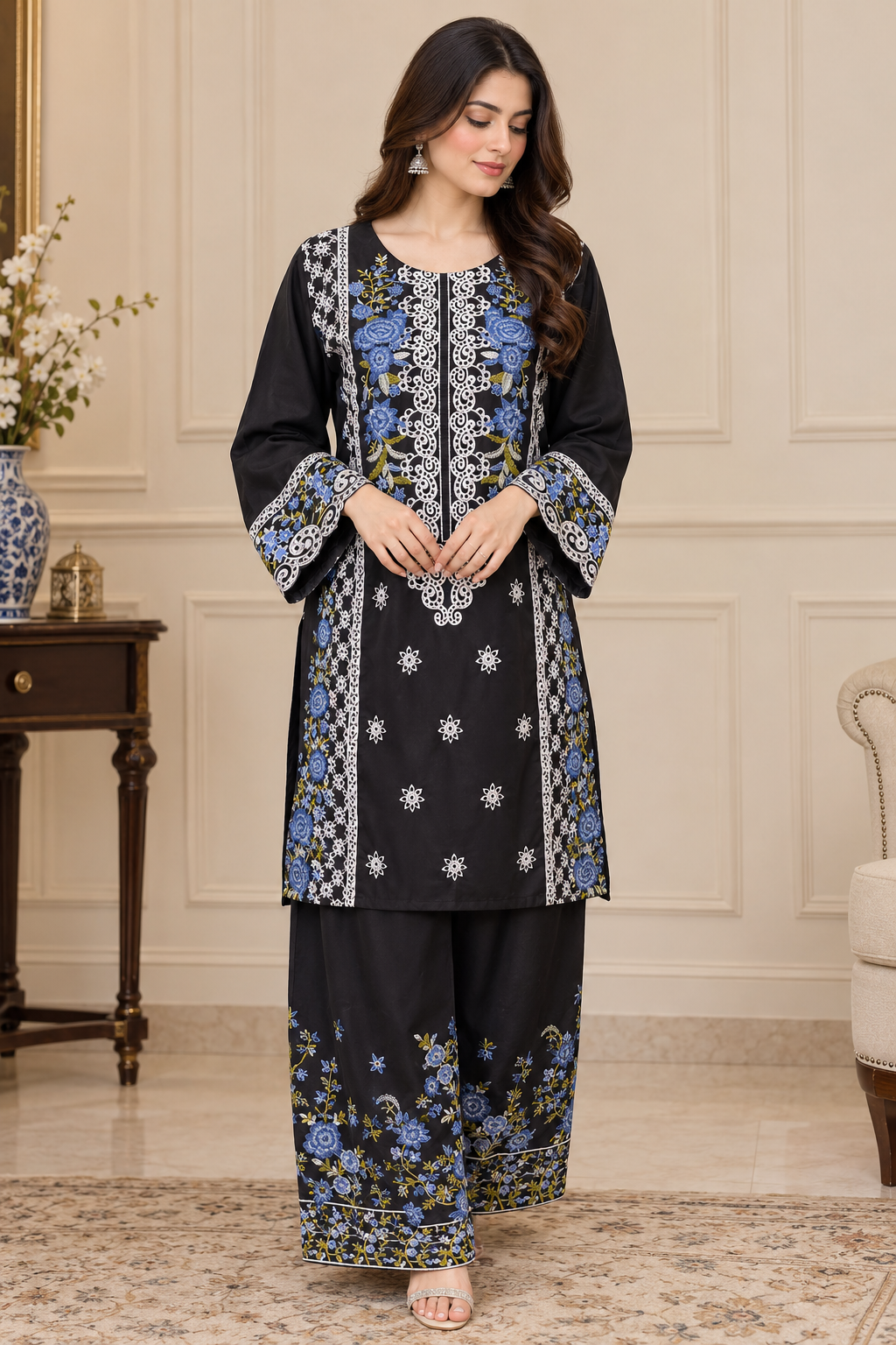 Midnight Blue Floral Embroidered 2PC Suit