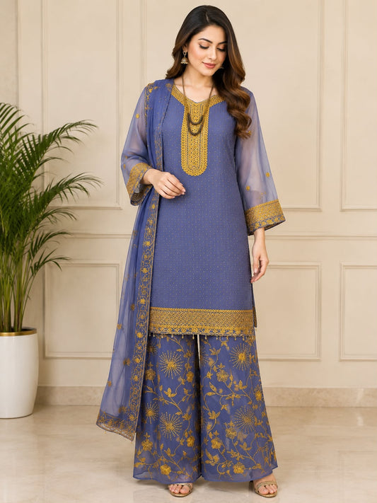 💙 Elegant Dusty Blue Embroidered 3-Piece Suit