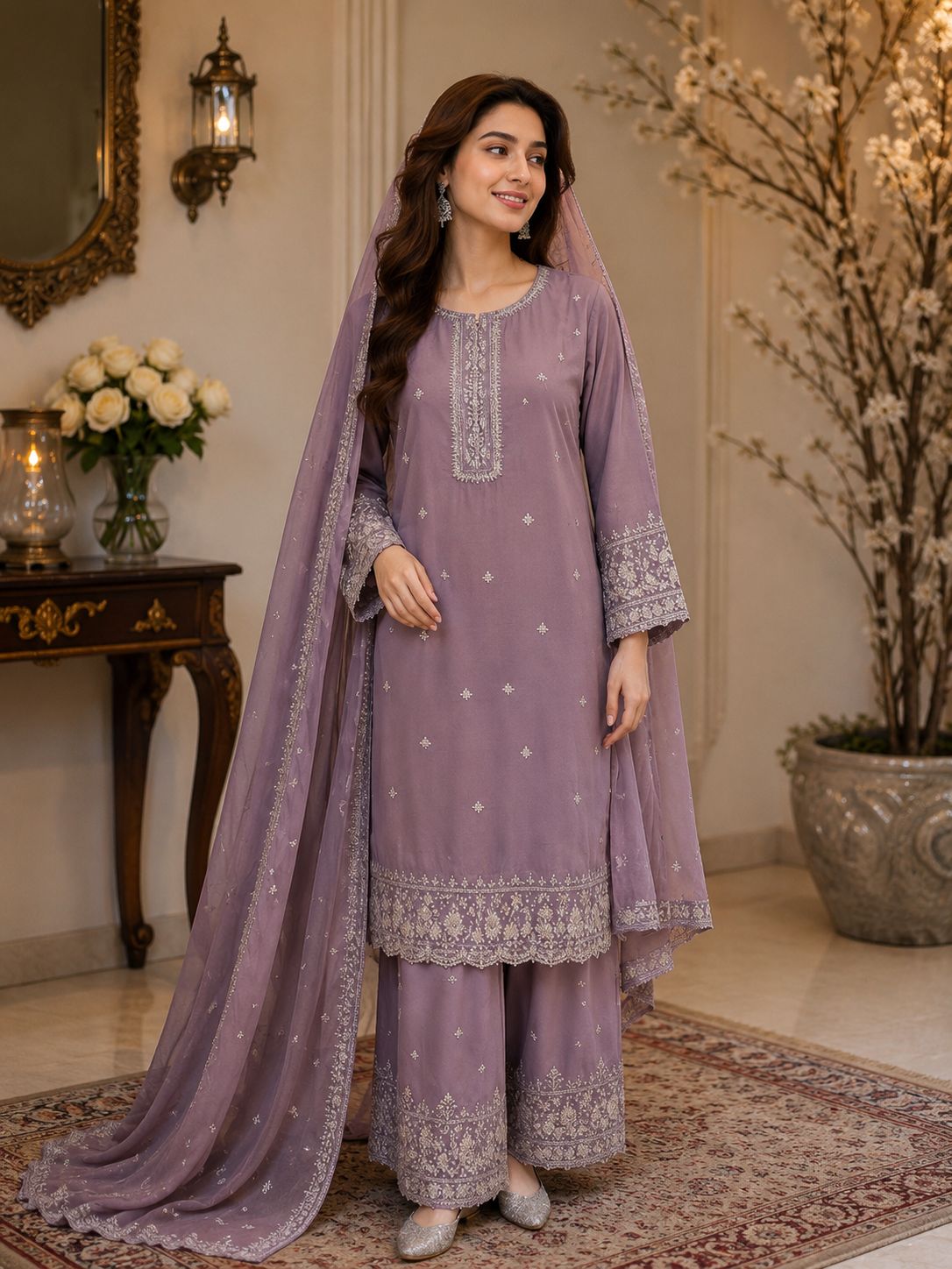 Ruby Royale Embroidered 3-Piece Festive Suit