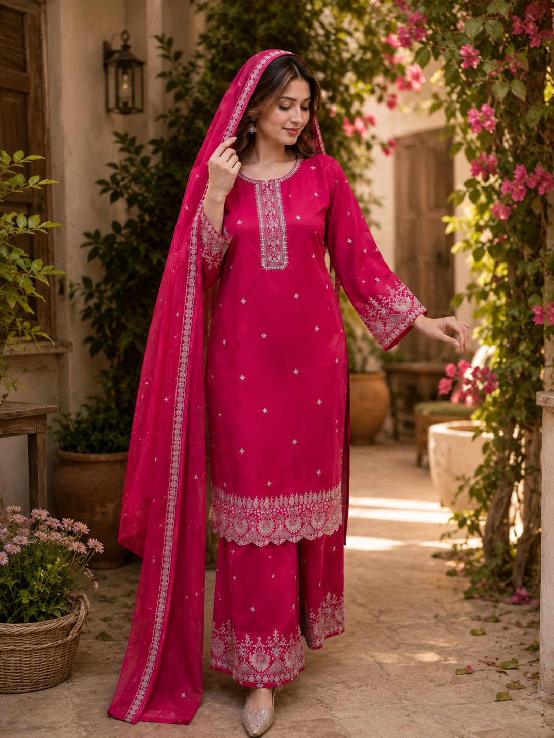 Ruby Royale Embroidered 3-Piece Festive Suit