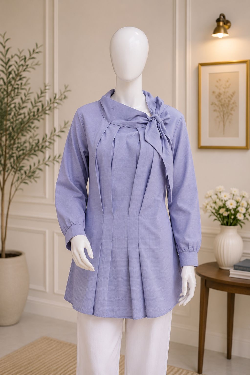 Elegant Bow Neck Pleated Women's Tunic