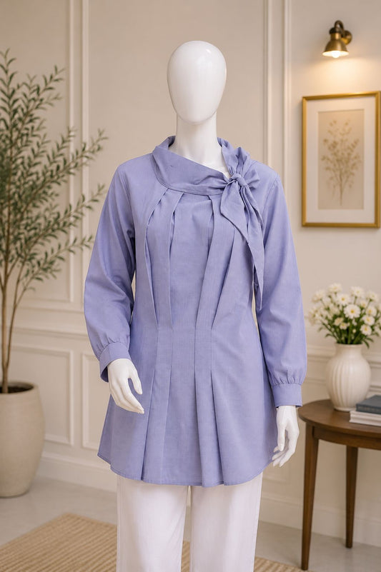Elegant Bow Neck Pleated Women's Tunic