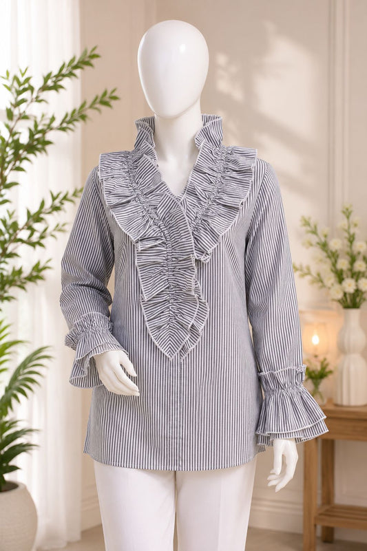 Vintage Ruffle Trim Striped Women's Blouse