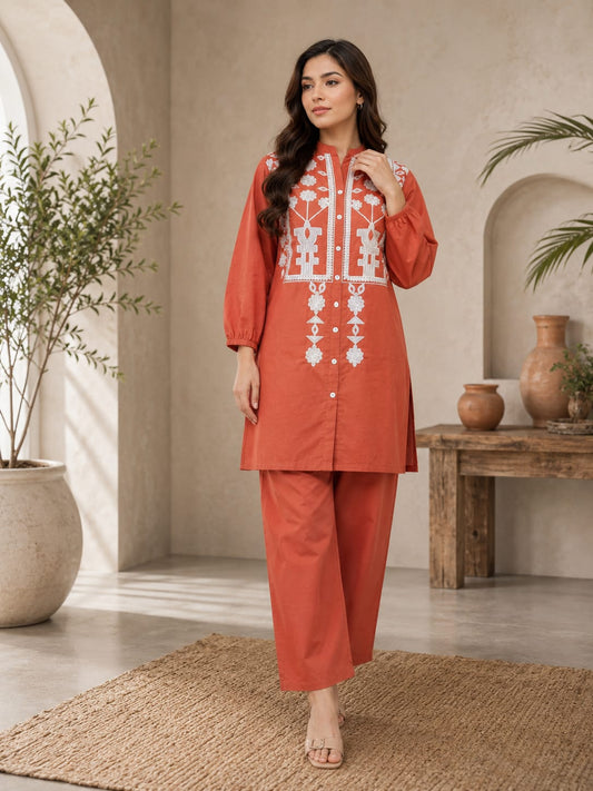 Emerald Elegance Embroidered Cotton 2-Piece Suit