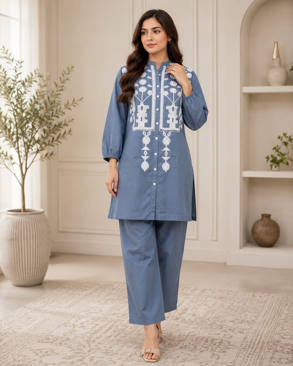 Emerald Elegance Embroidered Cotton 2-Piece Suit