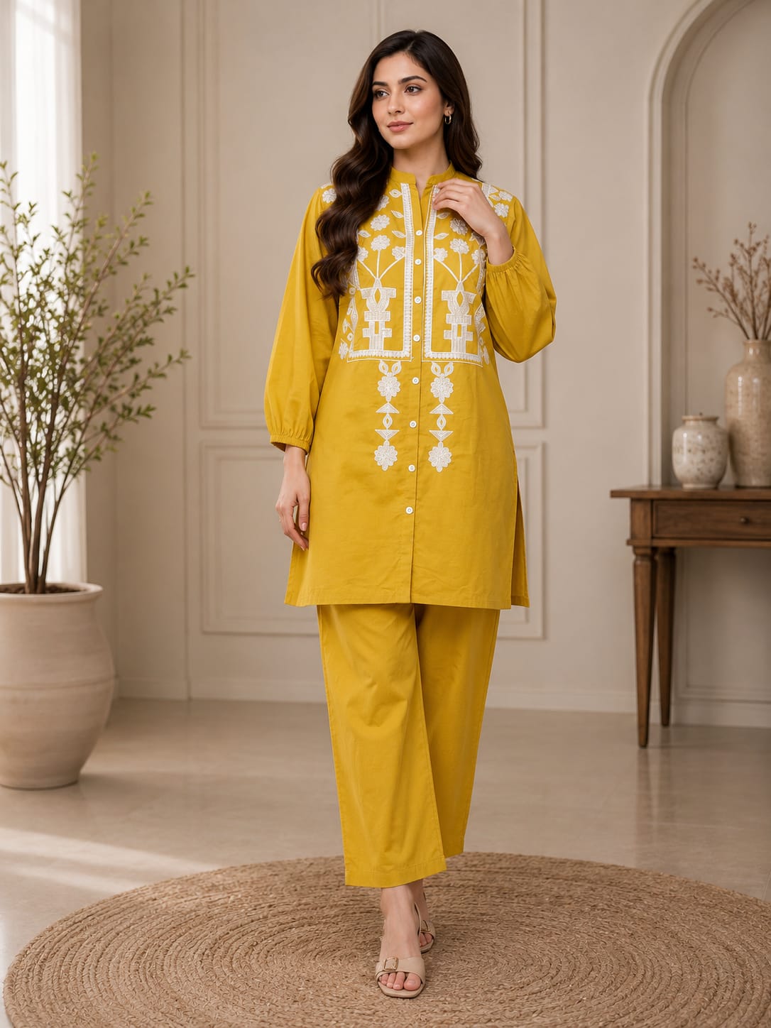 Emerald Elegance Embroidered Cotton 2-Piece Suit