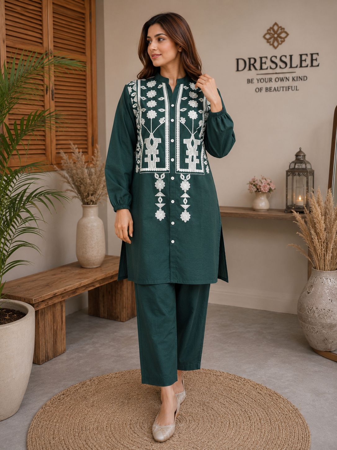Emerald Elegance Embroidered Cotton 2-Piece Suit