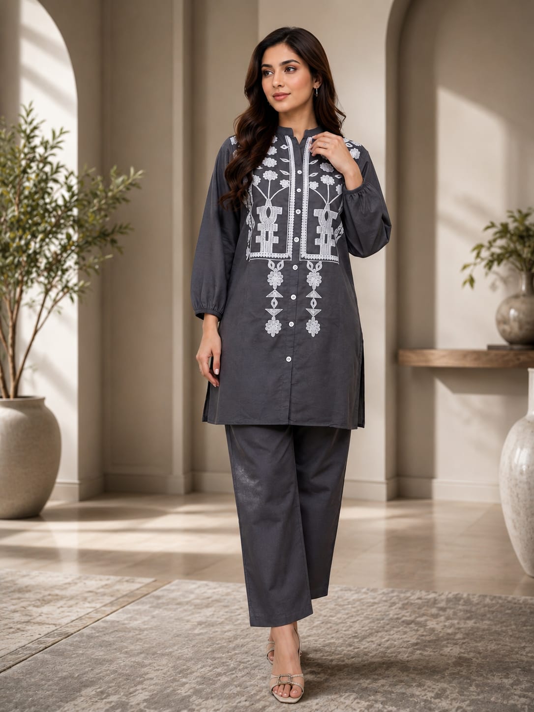 Emerald Elegance Embroidered Cotton 2-Piece Suit