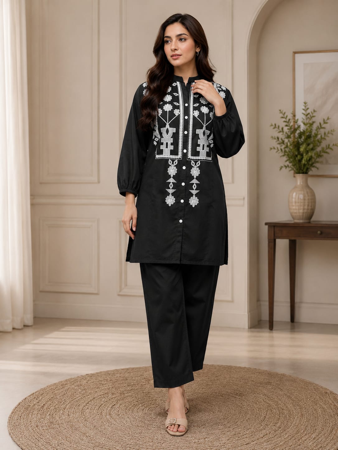 Emerald Elegance Embroidered Cotton 2-Piece Suit