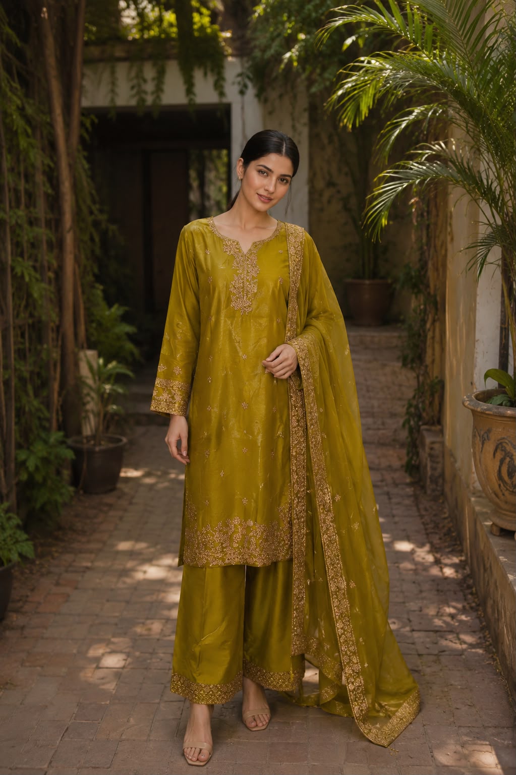 Luxury Sheesha Silk Embroidered 3-Piece Farshi Shalwar Suit