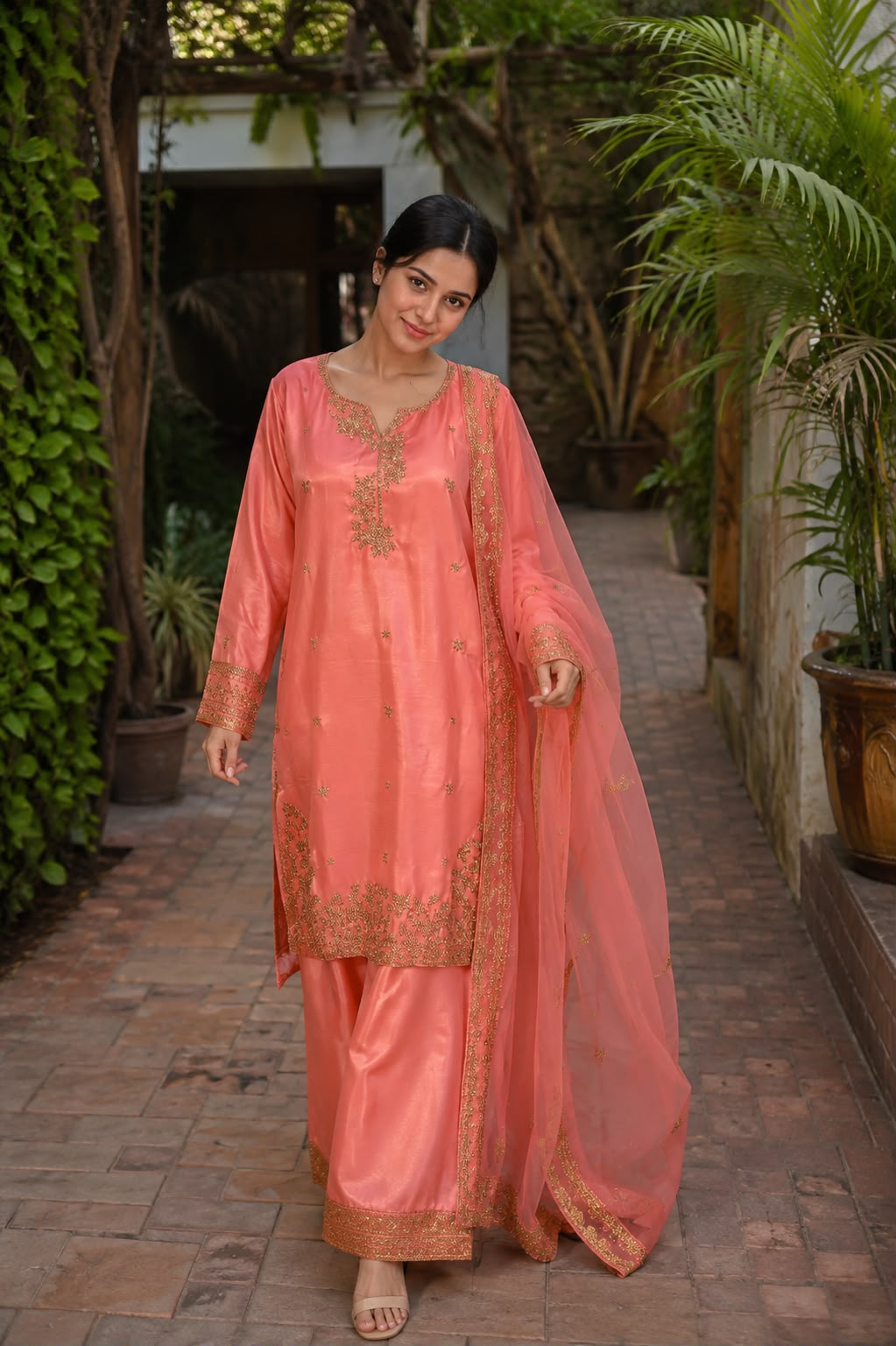Luxury Sheesha Silk Embroidered 3-Piece Farshi Shalwar Suit