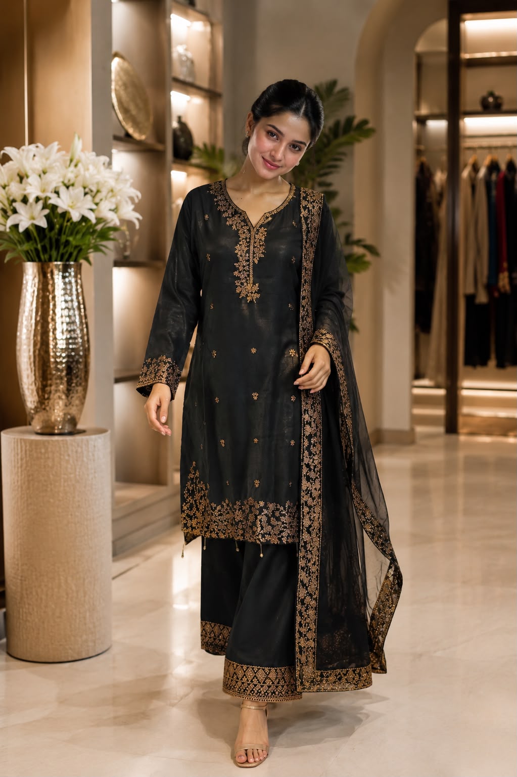 Luxury Sheesha Silk Embroidered 3-Piece Farshi Shalwar Suit