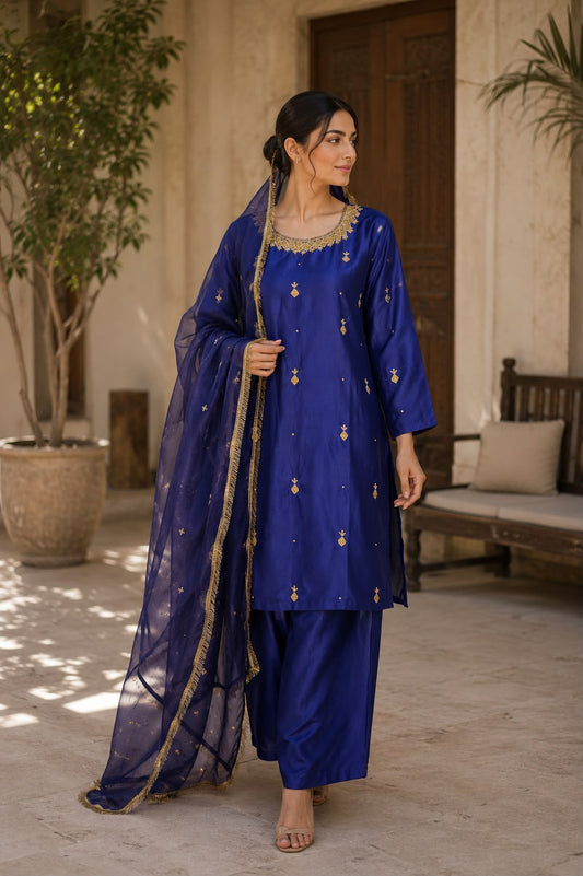 Noor Royale Silk 3-Piece Suit with Chiffon Kiran Dupatta