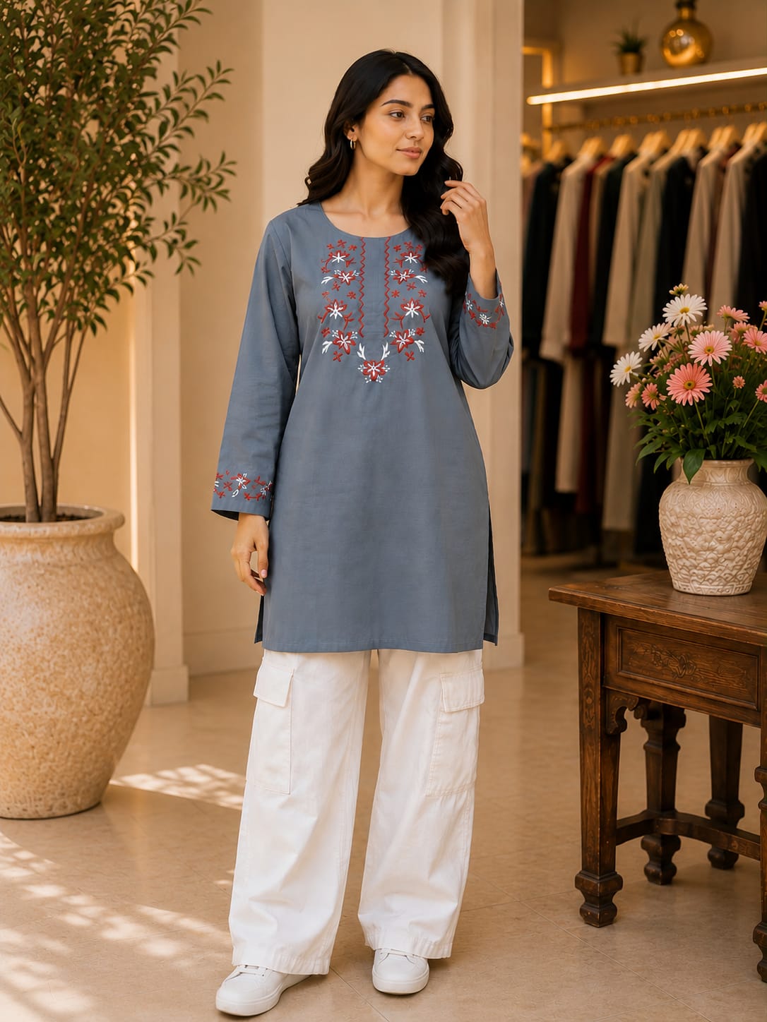 Floral Embroidered Original Lawn 2-Piece Co-Ord Set with Cargo Trouser