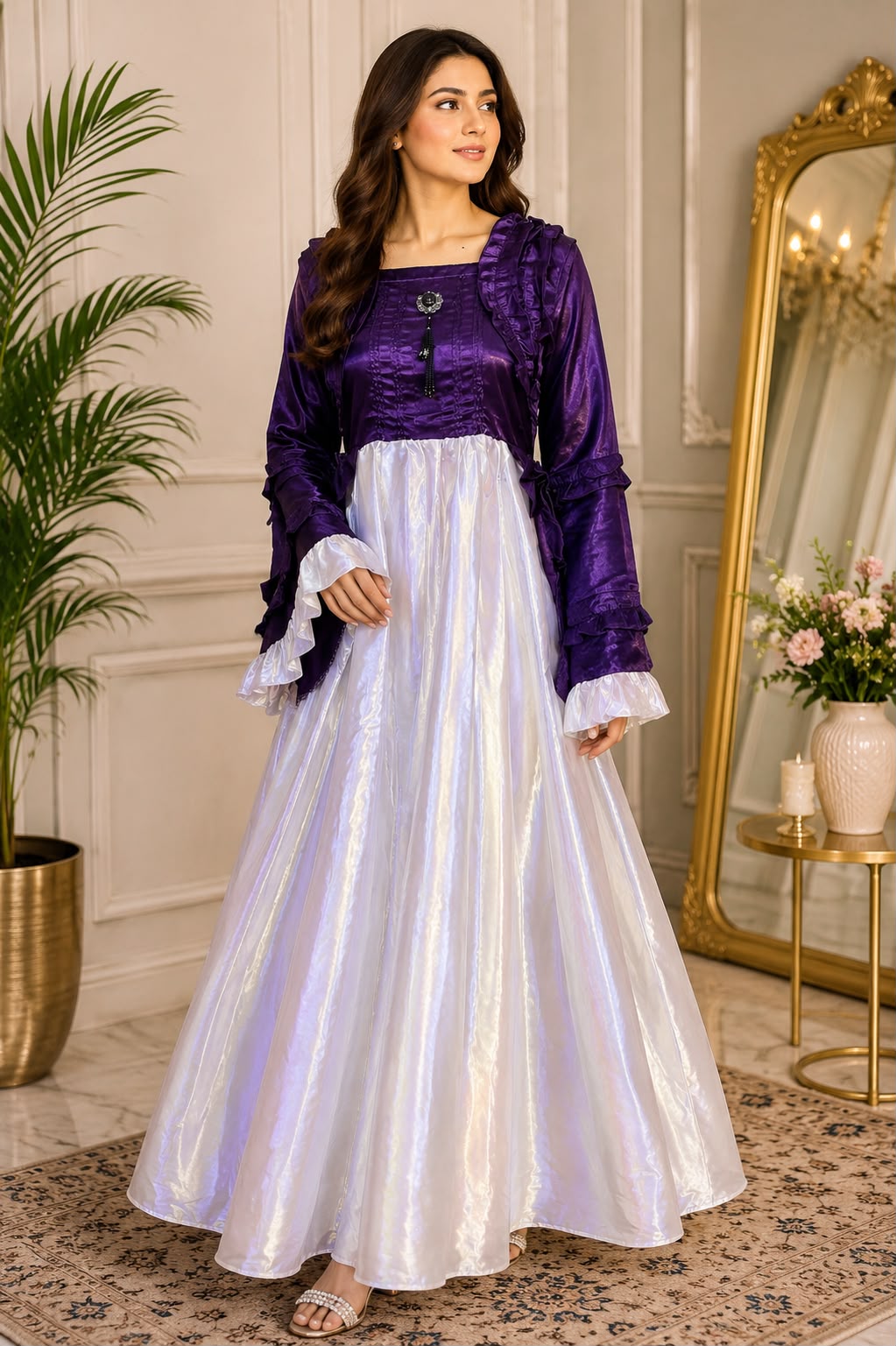 Royal Ruffle Satin Maxi Dress – Elegant Party Wear