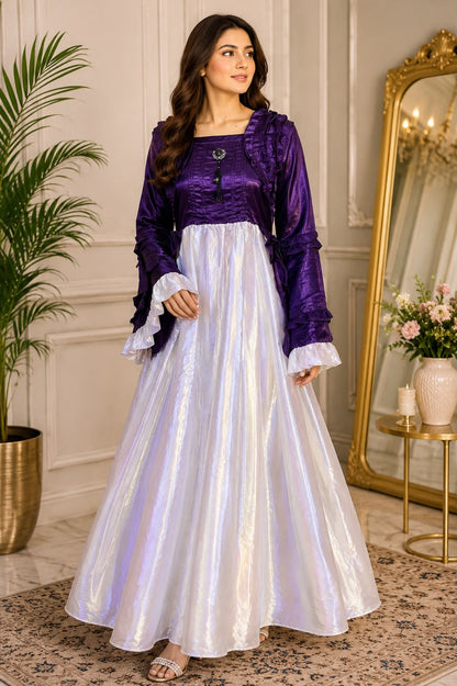 Royal Ruffle Satin Maxi Dress – Elegant Party Wear