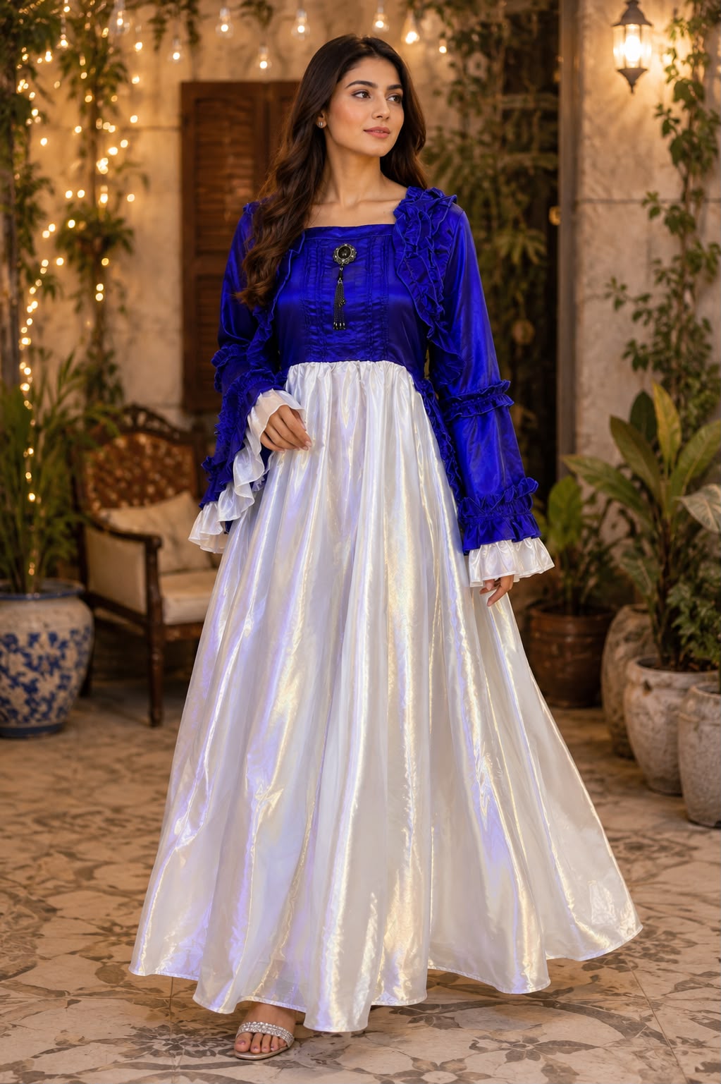 Royal Ruffle Satin Maxi Dress – Elegant Party Wear