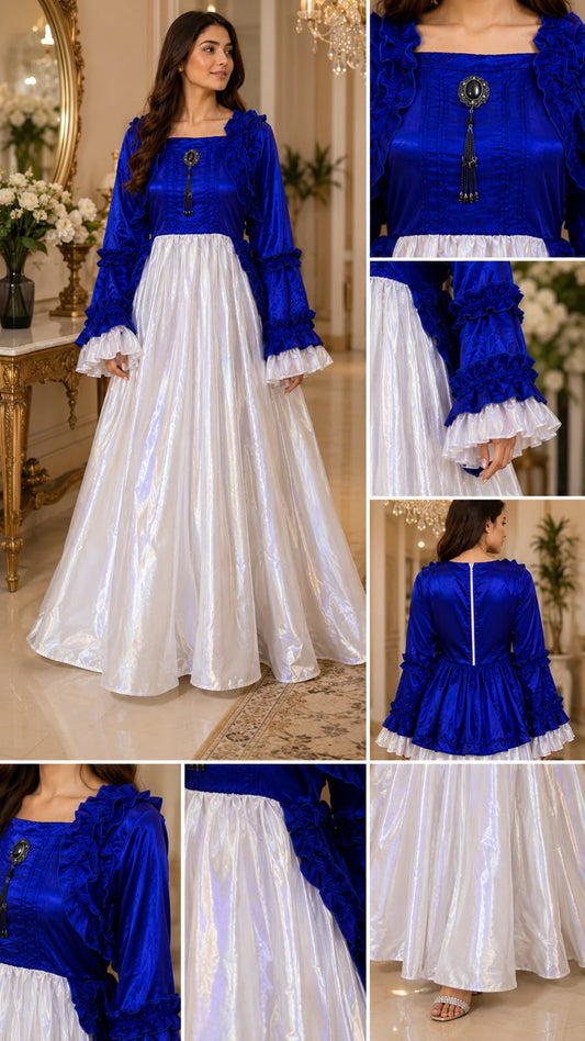 Royal Ruffle Satin Maxi Dress – Elegant Party Wear