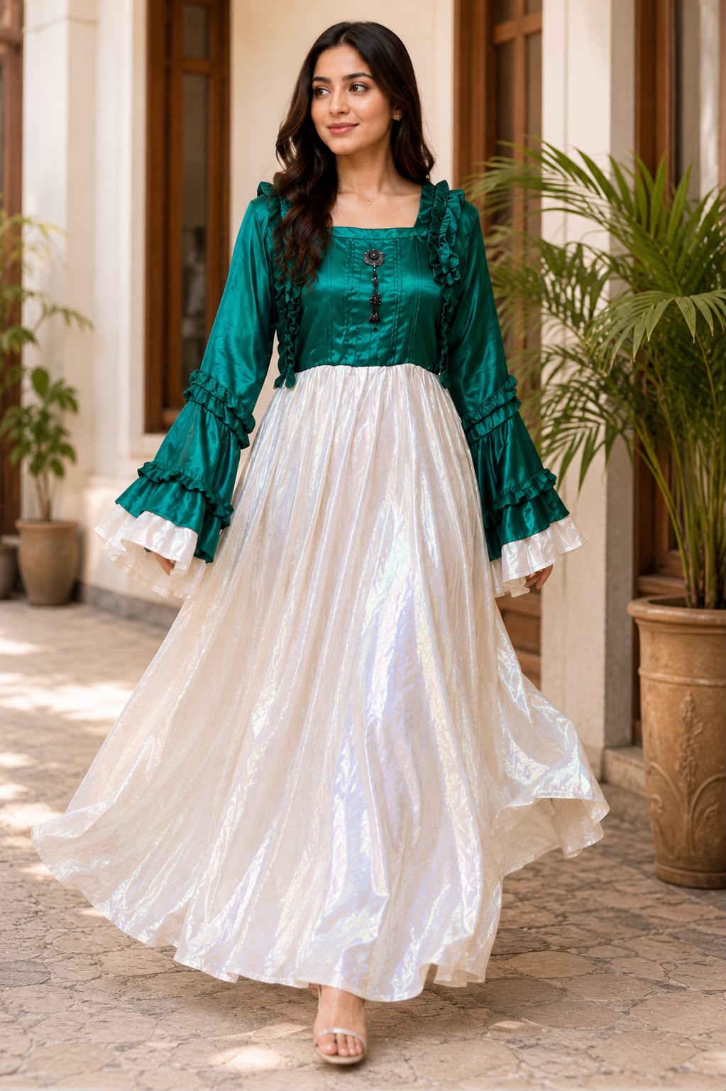 Royal Ruffle Satin Maxi Dress – Elegant Party Wear