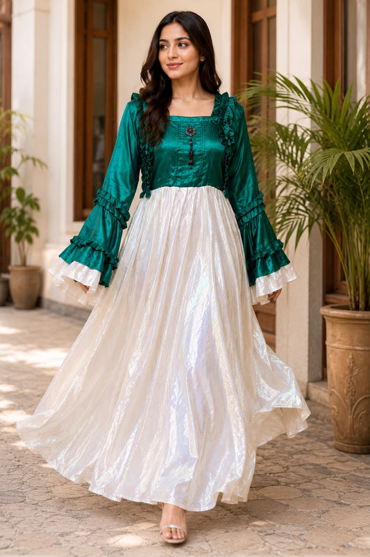 Royal Ruffle Satin Maxi Dress – Elegant Party Wear