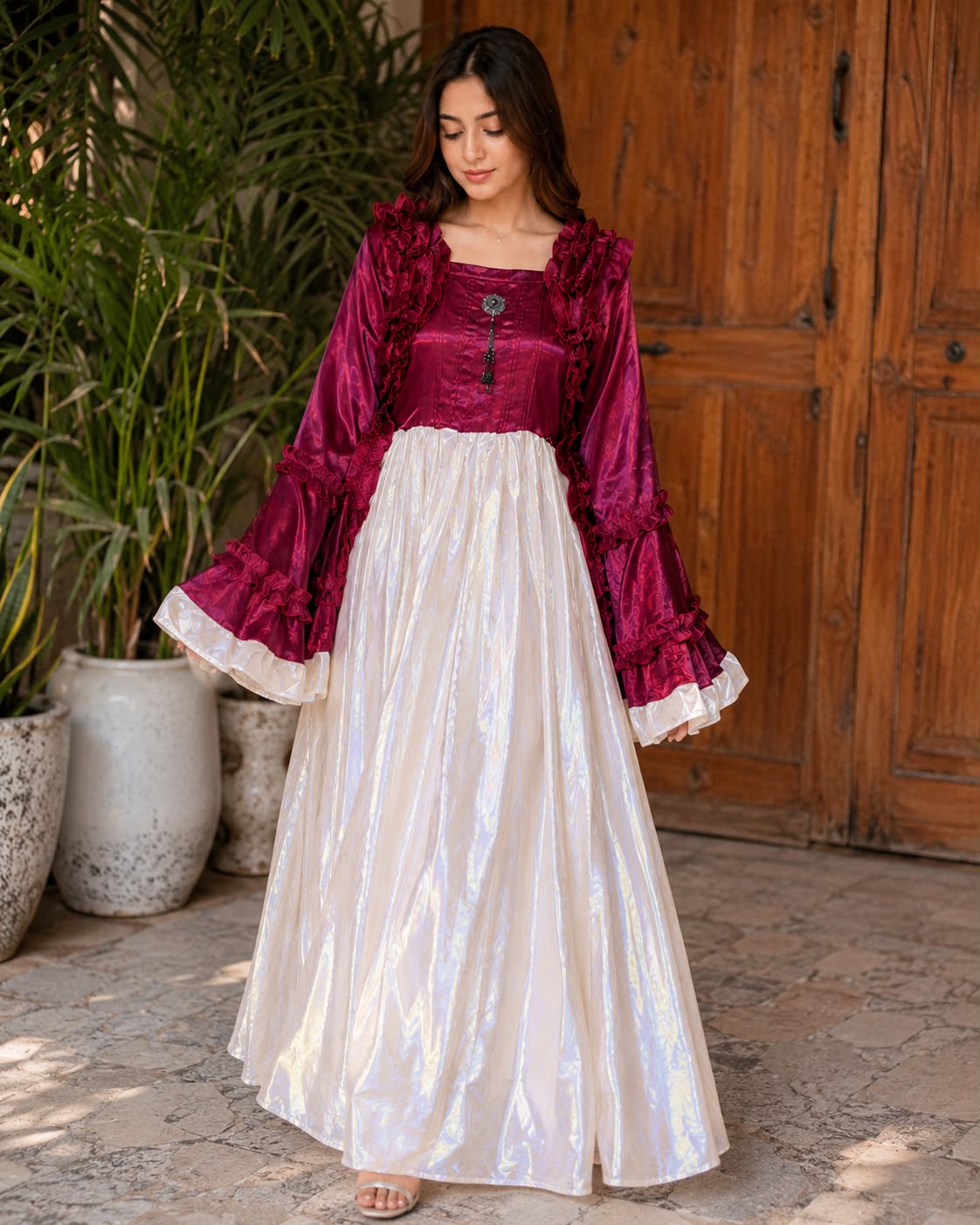 Royal Ruffle Satin Maxi Dress – Elegant Party Wear