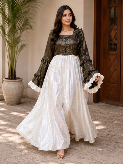Royal Ruffle Satin Maxi Dress – Elegant Party Wear