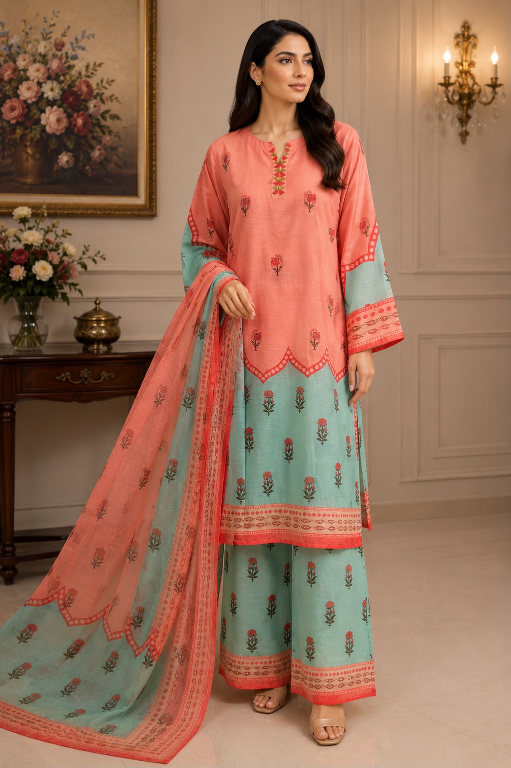 Coral & Mint Green Floral Printed 3-Piece Suit with Dupatta