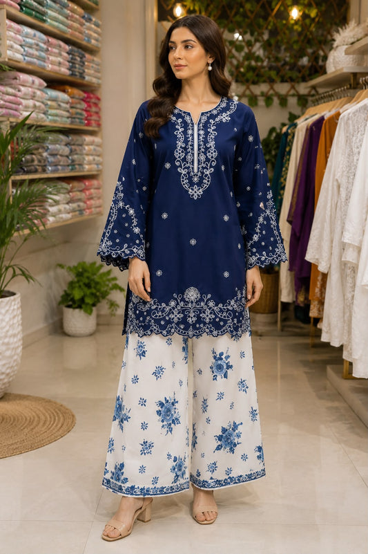 Navy Blue & Black Embroidered 2-Piece Suit with Farshi Shalwar