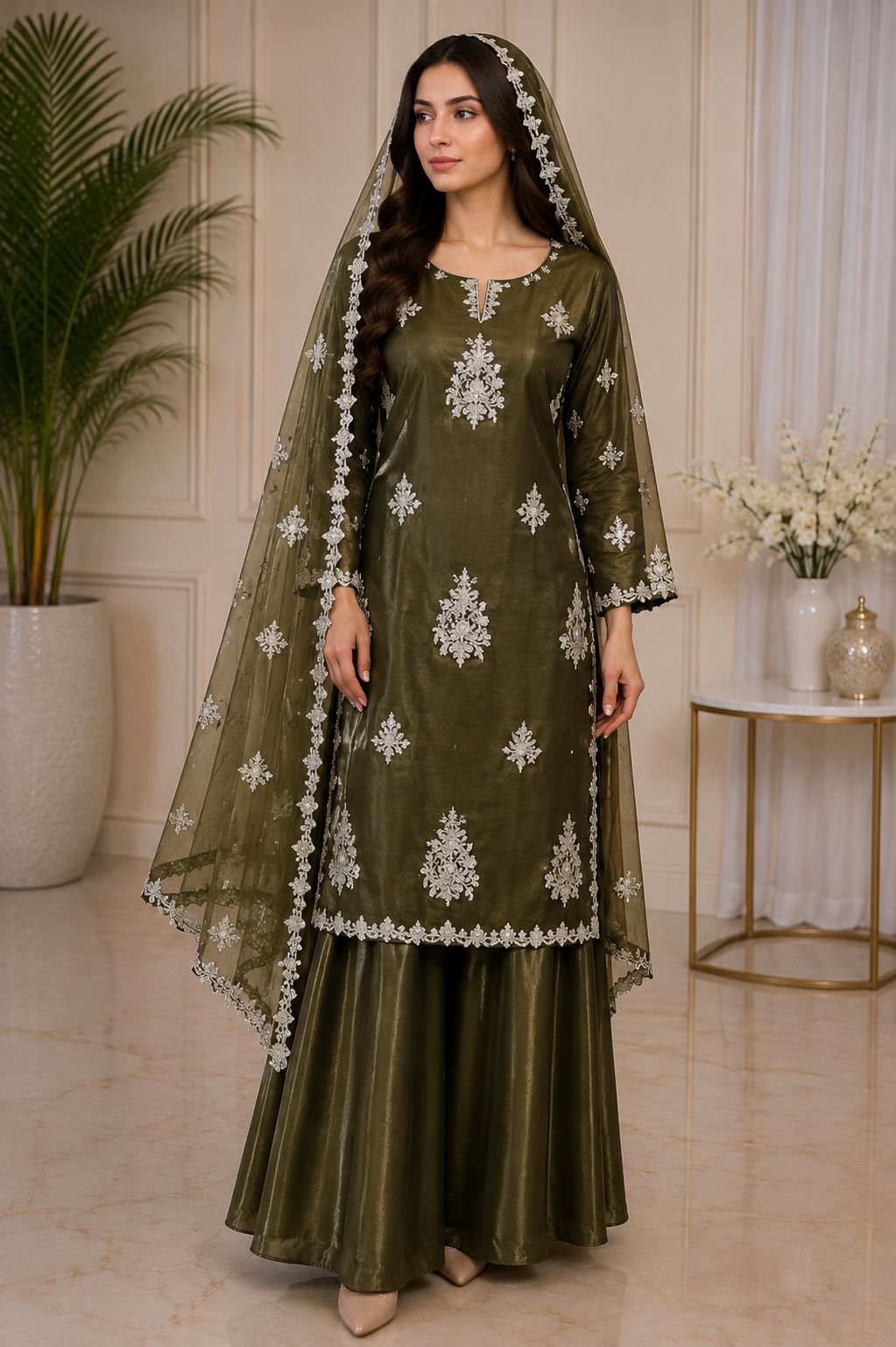 Luxury Embroidered 3-Piece Suit with Silver Detailing