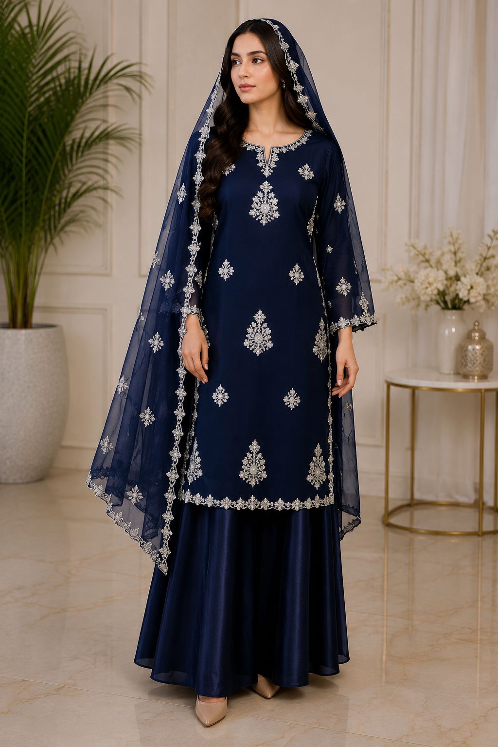Luxury Embroidered 3-Piece Suit with Silver Detailing