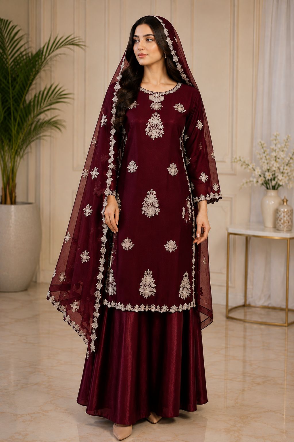 Luxury Embroidered 3-Piece Suit with Silver Detailing