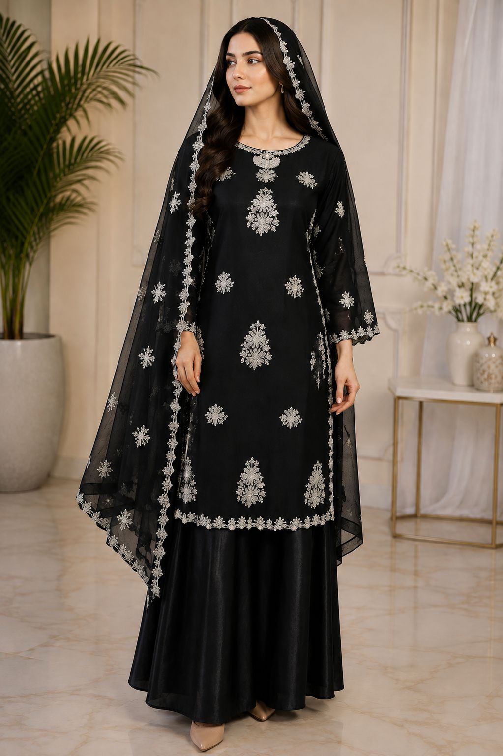 Luxury Embroidered 3-Piece Suit with Silver Detailing