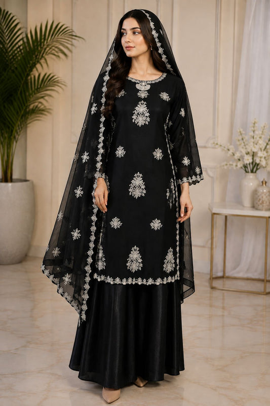 Luxury Embroidered 3-Piece Suit with Silver Detailing