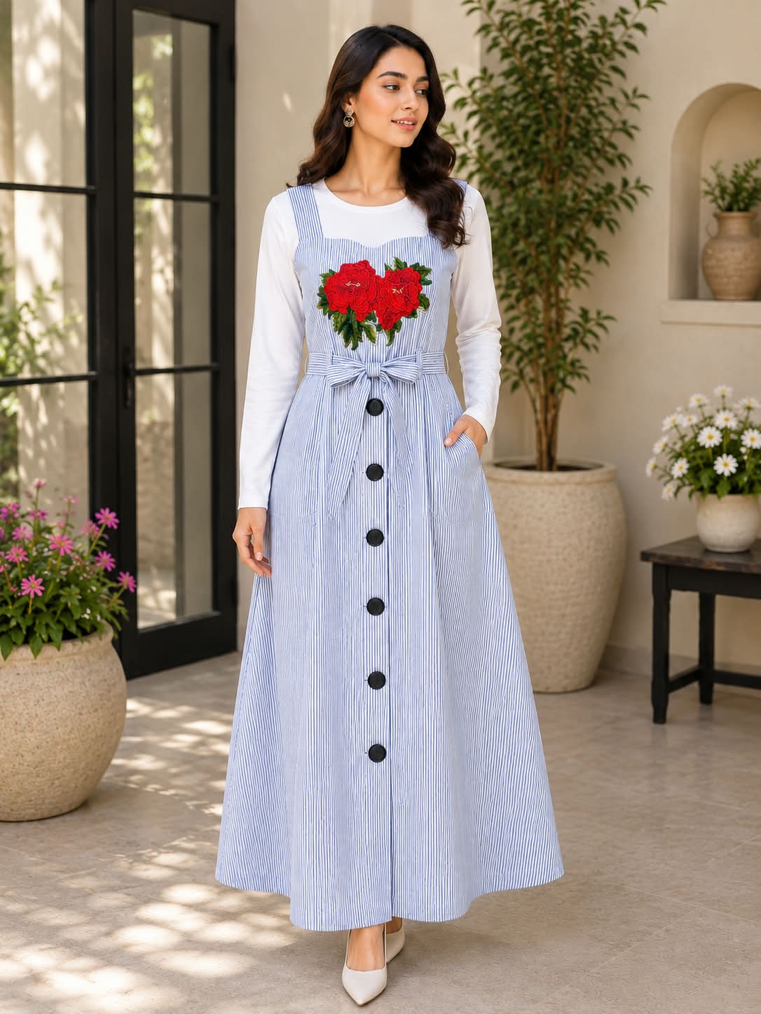 Women’s Floral Button Front Long Dress – Elegant Casual Wear
