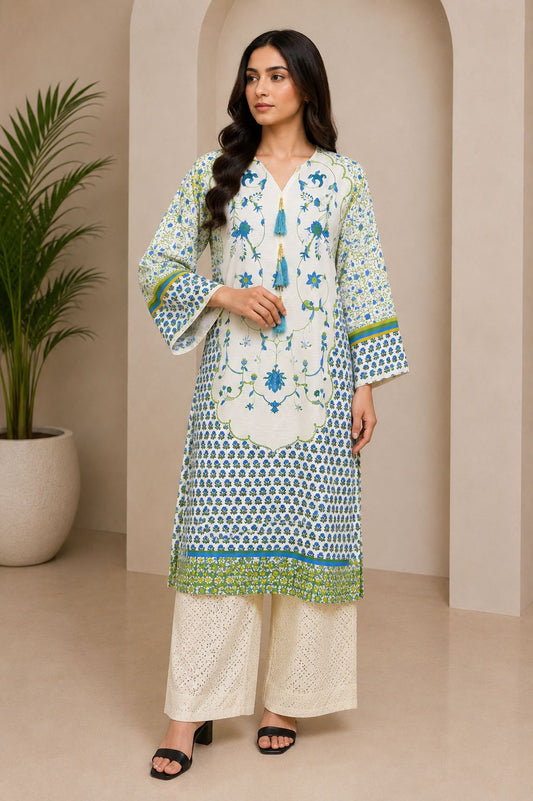 Azure Garden 2-Piece Stitched Kurti & Trouser Set)