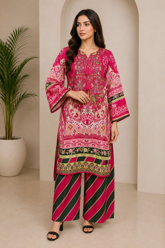Fuchsia Bloom Printed Long Shirt 2PC Suit