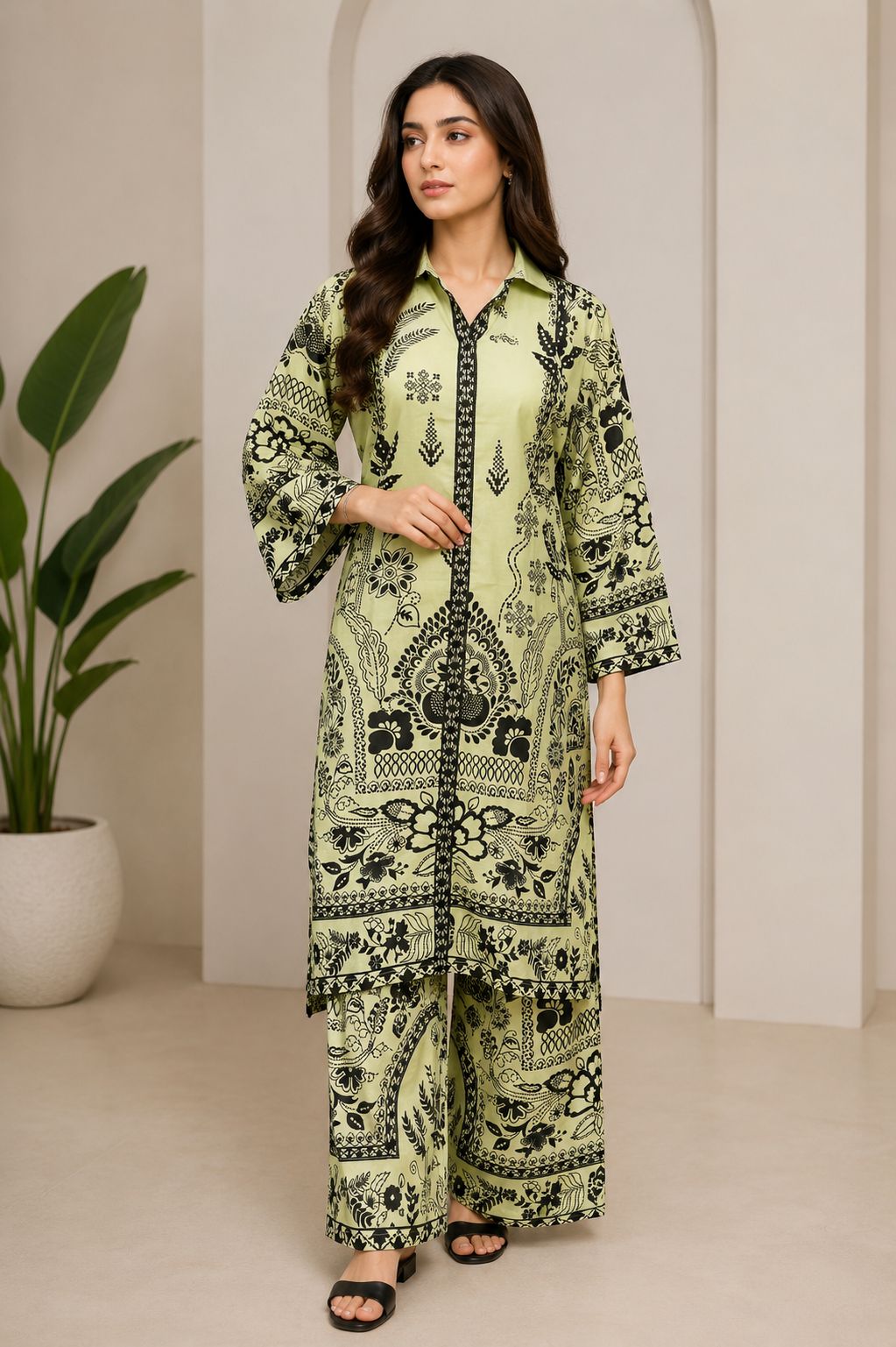 Lime Noir Printed Long Shirt 2PC Suit